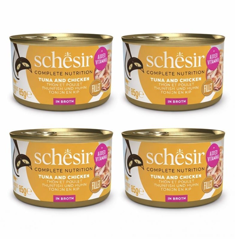 Schesir Complete Nutrition – Tuna & Chicken in Broth – Complete & Balanced Wet Cat Food – Added Vitamins – 4 × 85 g - Image 1